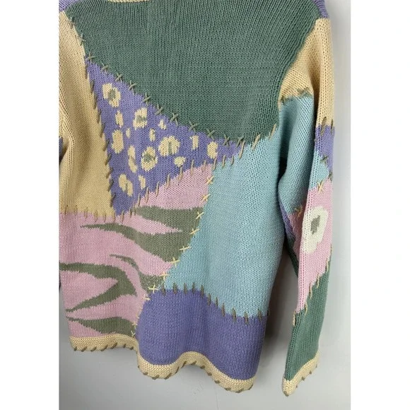 Storybook Knits Patchwork Spring Themed Cardigan Sweater Ramie Cotton Size Large - Picture 11 of 16